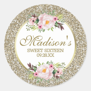 Trendy Glitter Gold Floral Sweet 16 Classic Round Sticker