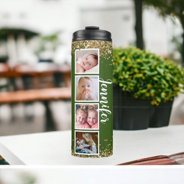 Trendy glitter green photo name Thermal Tumbler (Creator Uploaded)