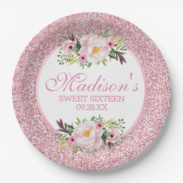 Trendy Glitter Pink Floral Sweet 16 Paper Plate (Front)