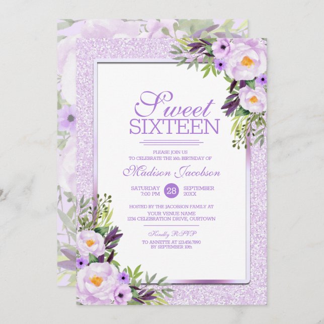 Trendy Glitter Purple Floral Sweet 16 Party Invitation (Front/Back)