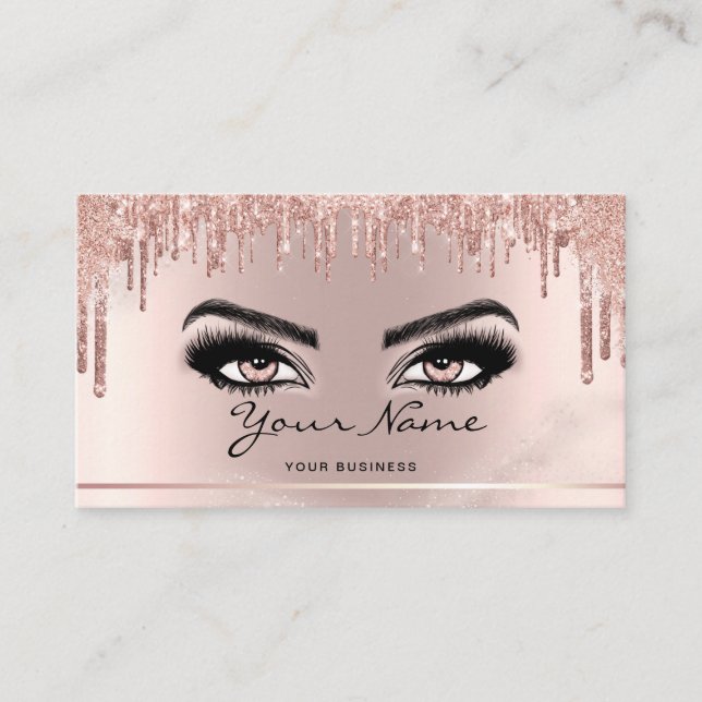 Trendy Glitter Rose gold drips Lashes script Business Card (Front)