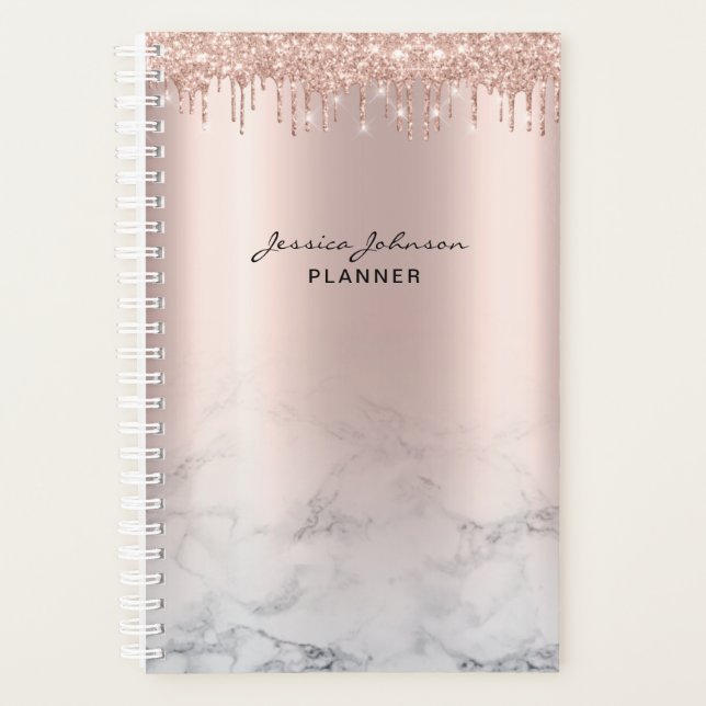 Trendy Glitter Rose gold drips marble script Planner (Front)