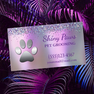 Trendy Glitter Shimmer Dog Paw Grooming Service Business Card