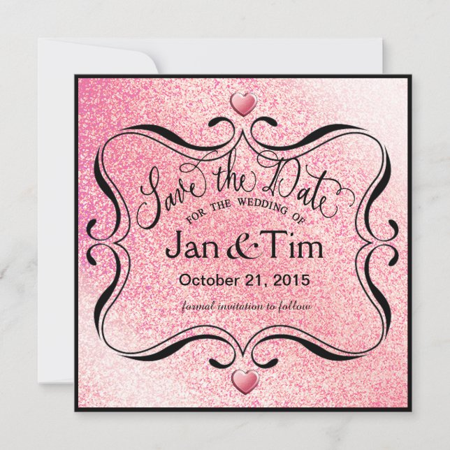 Trendy Glitter Shimmer Save the Date | pink black (Front)