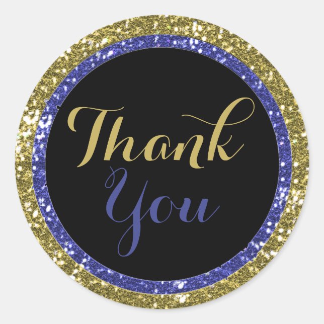 Trendy Glitter Thank You Stickers:Blue And Gold Classic Round Sticker (Front)