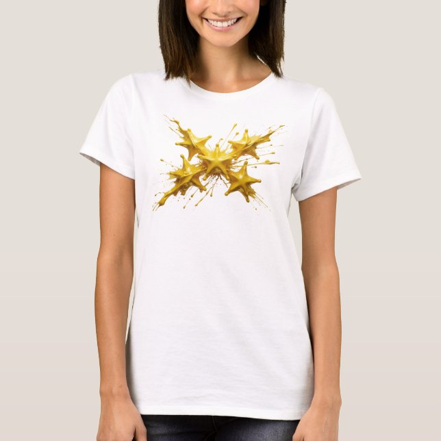 Trendy Gold Abstract Stars Visual Design T-Shirt (Front)