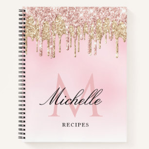 trendy gold and pink glitter monogram recipe book