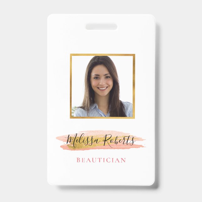 trendy gold and pink salon ID badge (Front)