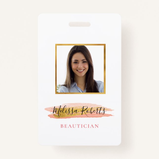 trendy gold and pink salon ID badge (Front)