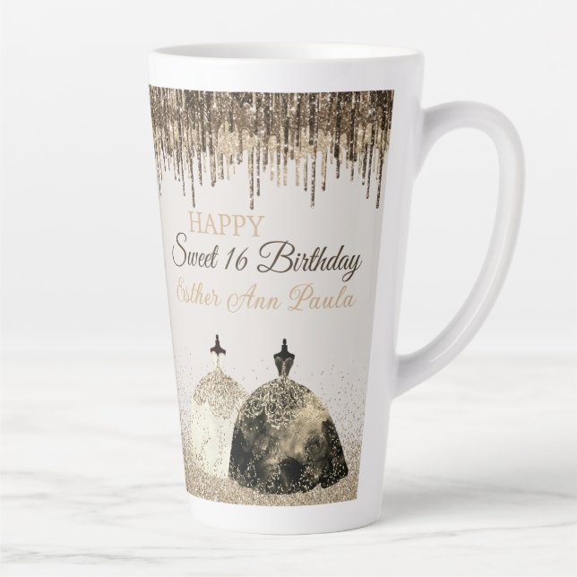Trendy Gold Ball Gown Happy Sweet 16 Birthday Latte Mug (Right)