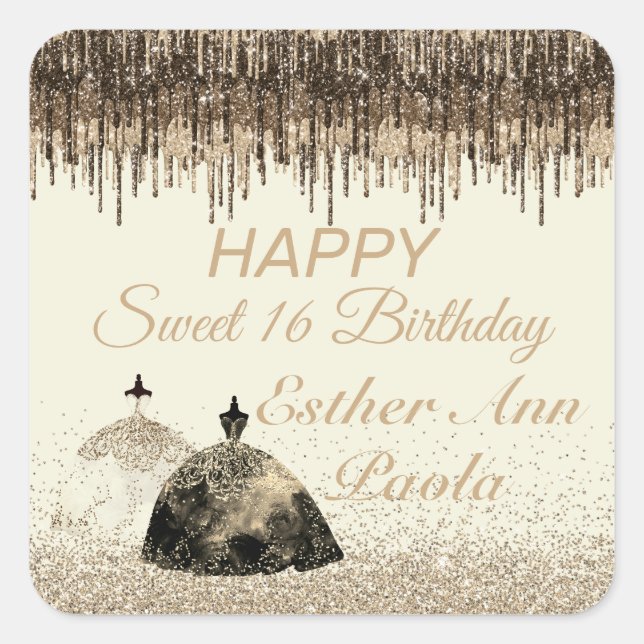 Trendy Gold Ball Gown Sweet 16 Birthday Drips Square Sticker (Front)