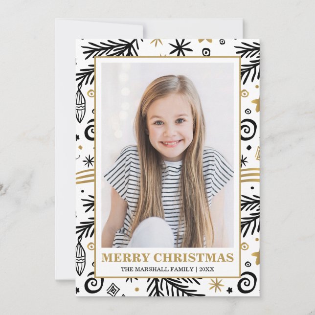 Trendy Gold Black White  Pines Christmas photo Invitation (Front)