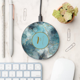 Trendy Gold Blue Fox Marble Monogram