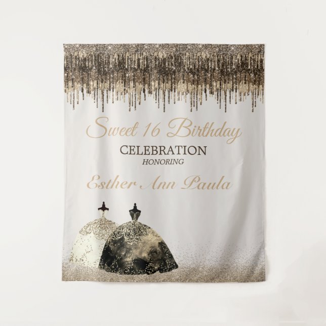 Trendy Gold Brown Drips Ballgown Sweet 16 Birthday Tapestry (Front)