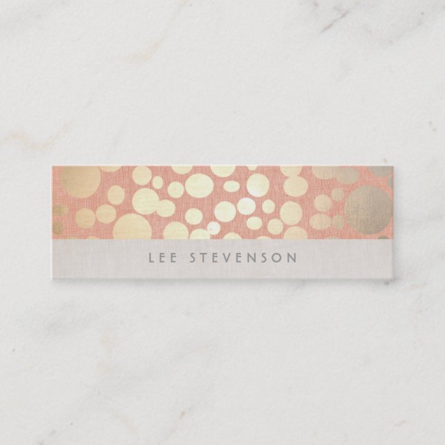 Trendy Gold Circles Peach Linen Look Mini Business Card (Front)
