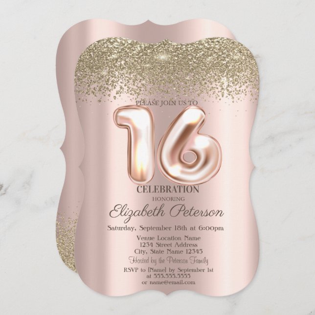Trendy Gold Diamonds Rose Gold Sweet 16 Invitation (Front/Back)