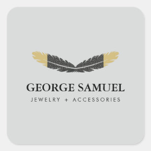 Trendy Gold Dipped Boho Feather Designer Gray  Square Sticker