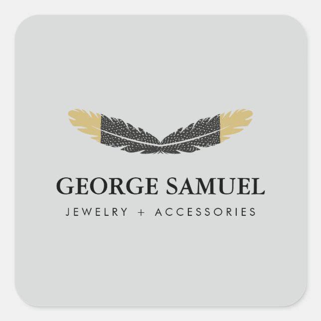Trendy Gold Dipped Boho Feather Designer Gray  Square Sticker (Front)