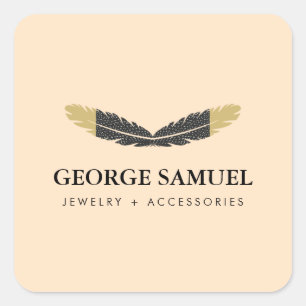 Trendy Gold Dipped Boho Feather Designer Pink Square Sticker
