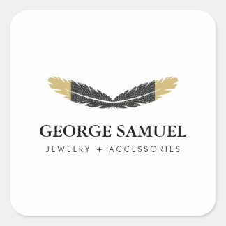 Trendy Gold Dipped Boho Feather Designer White Square Sticker