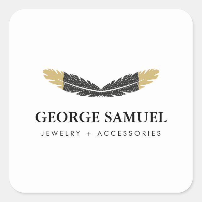 Trendy Gold Dipped Boho Feather Designer White Square Sticker (Front)