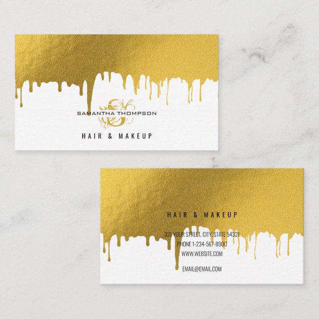 Trendy Gold Drips Hair & Makeup Artist Business Card (Front/Back)