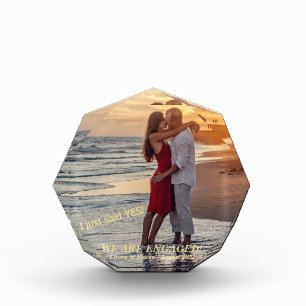 Trendy Gold Engagement Announcement Couple Photo Block