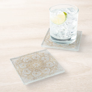 Trendy Gold Floral Mandala Marble Design Glass Coaster