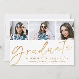 Trendy Gold Foil Script 3 Photo Graduation Announcement