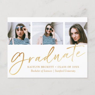 Trendy Gold Foil Script 3 Photo Graduation Announcement Postcard