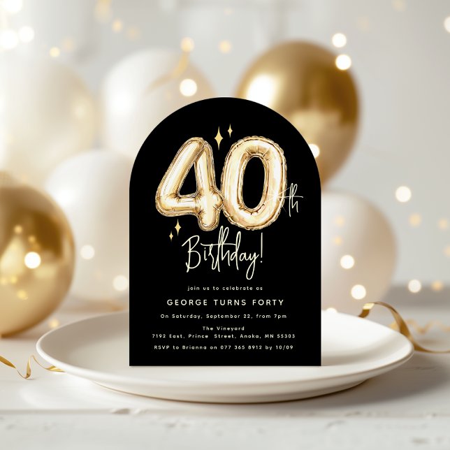 Trendy Gold Forty Balloons 40th Birthday Party Invitation (Creator Uploaded)