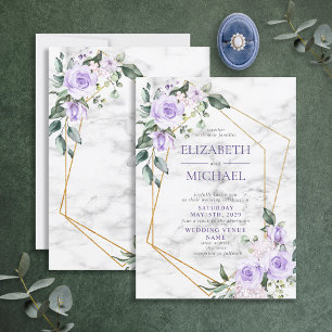 Trendy Gold Geometric Lilac Floral Marble Spring Invitation