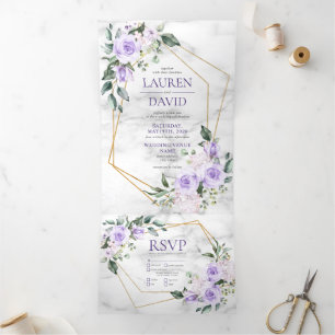 Trendy Gold Geometric Lilac Floral Marble Tri-Fold Invitation