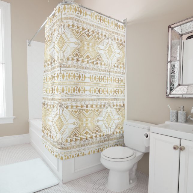 Trendy Gold Geometric Tribal Aztec Pattern Shower Curtain (In Situ)