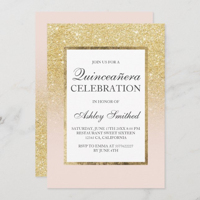 Trendy gold girly glitter elegant chic Quinceañera Invitation (Front/Back)