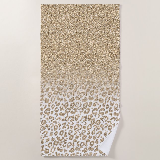 Trendy Gold Glitter and Leopard Print Gradient Beach Towel (Front)