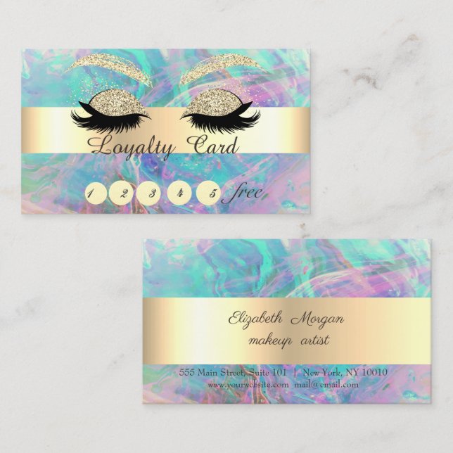 Trendy Gold Glitter Faux Lashes Opal Iridescence Loyalty Card (Front/Back)