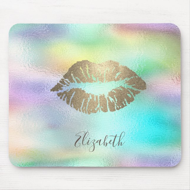 Trendy Gold Glitter Lips Rainbow  Holographic Mouse Pad (Front)