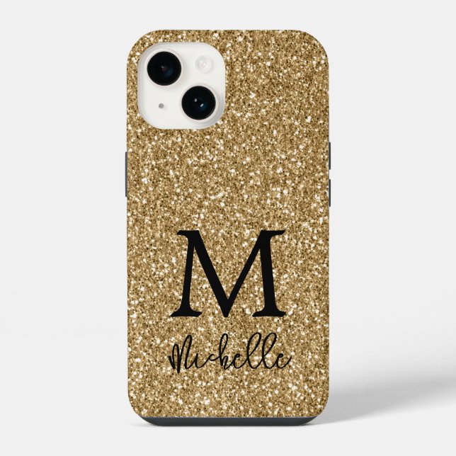 Trendy Gold Glitter Monogram Initial Name iPhone Case (Back)