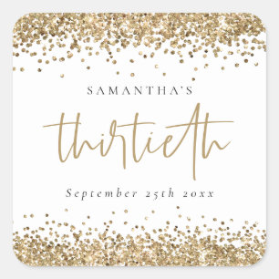 Trendy Gold Glitter Name Date Thirtieth Square Sticker