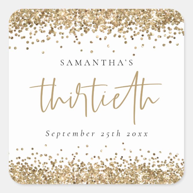 Trendy Gold Glitter Name Date Thirtieth  Square Sticker (Front)