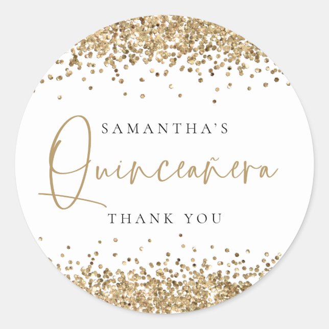 Trendy Gold Glitter Name Quinceañera Thank You  Classic Round Sticker (Front)