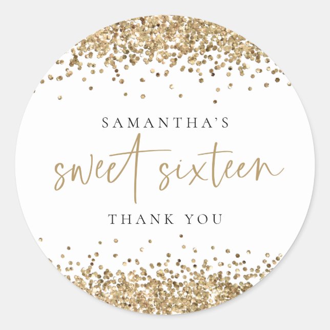 Trendy Gold Glitter Name Sweet Sixteen Thank You  Classic Round Sticker (Front)