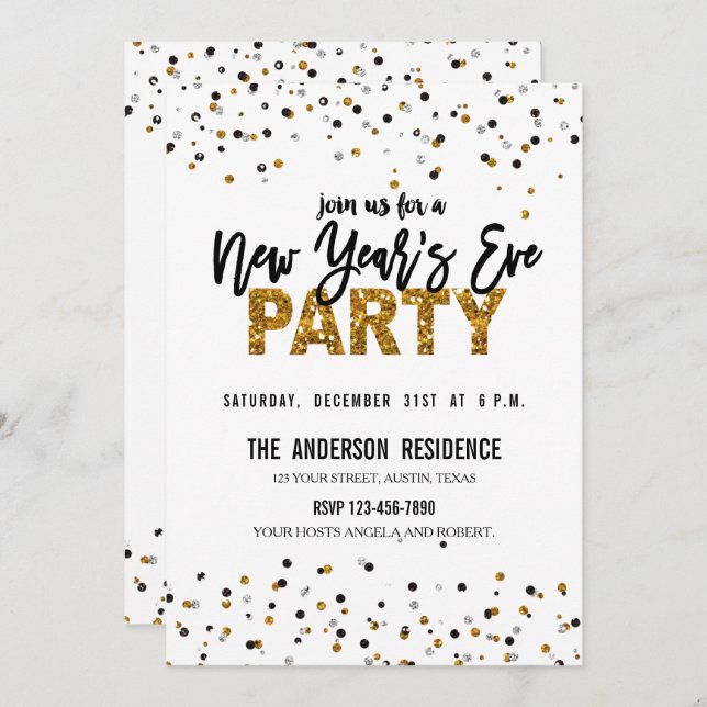 Trendy Gold Glitter New Year's Eve Party Invite (Front/Back)