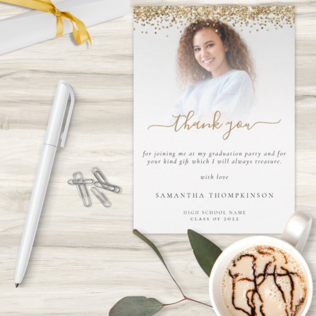 Trendy Gold Glitter Photo Graduation Thank You Card (Creator Uploaded)