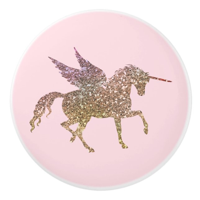 Trendy Gold Glitter Sparkle Unicorn Pegasus Horse Ceramic Knob (Front)