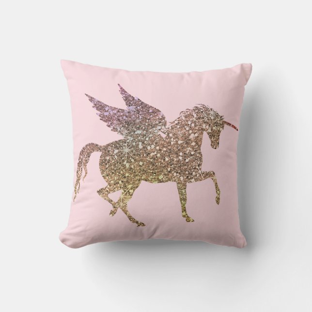 Trendy Gold Glitter Sparkle Unicorn Pegasus Horse Cushion (Front)