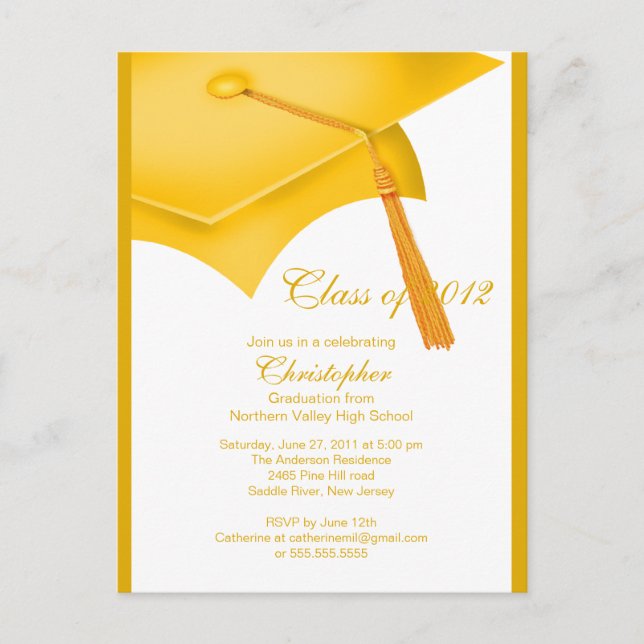 Trendy Gold Grad Cap Graduation Party Invitation Postcard (Front)
