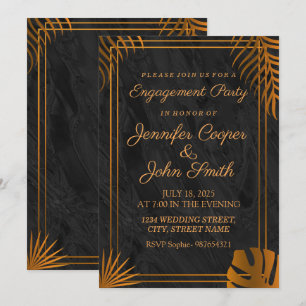 Trendy Gold Leaves and Geometric Frame Engagement Invitation