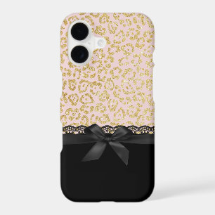 Trendy Gold Leopard Print Chic Black Lace & Ribbon